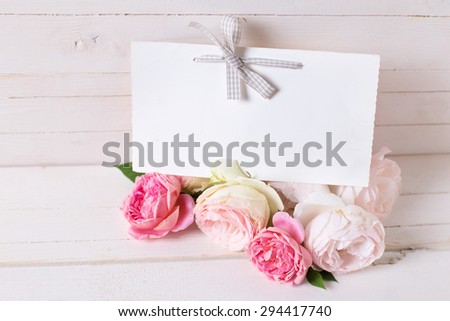 Pastel roses  and empty tag  on white  wooden background. Place for text. Selective focus.