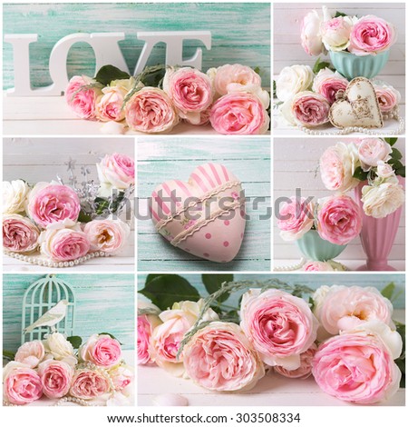 Collage with romantic roses and heart on wooden background. Pastel colors. Romantic background.