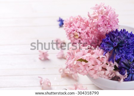 Postcard with fresh flowers hyacinths  on white  painted wooden planks. Selective focus. Place for text.