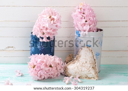Postcard with fresh flowers hyacinths in cans  and decorative heart on turquoise painted wooden planks. Selective focus.