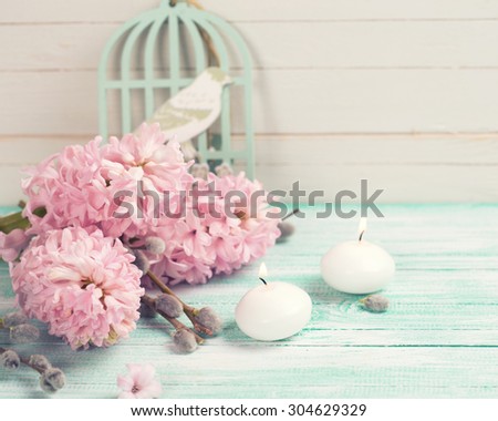 Background  with hyacinths,  willow flowers and candles on turquoise painted wooden planks against white wall. Selective focus and empty place  for your text. Toned image.