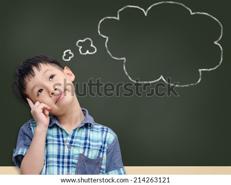 Young Asian student thinking and looking up to blank bubble speech on chalkboard