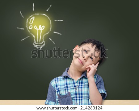Young Asian student thinking and looking up to light bulb on chalkboard