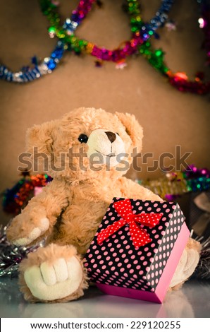 Teddy bear and Christmas gift box ,still life