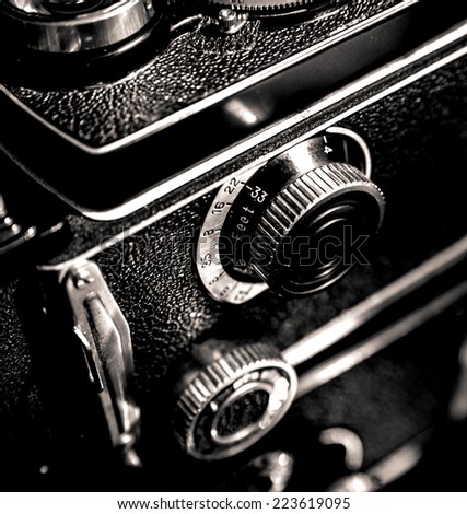 Vintage camera. Detail. Old technology, photography, education and vintage concept.