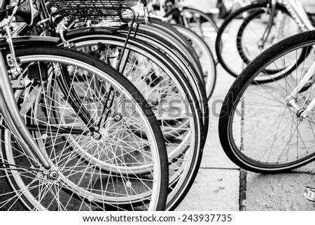 Parked bicycles. Urban transportation, outdoors, fitness, life style and sports concept,