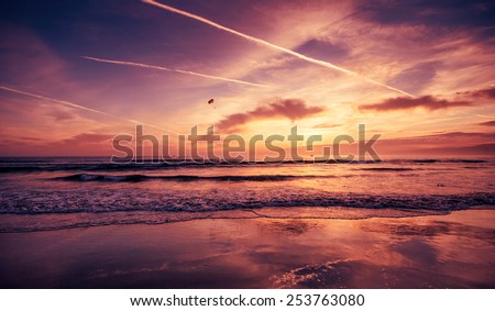Venice Beach, California. Sunset. Summer, vacation, travel, kitesurfing, parasailing and nature concept. Deep saturated post processing