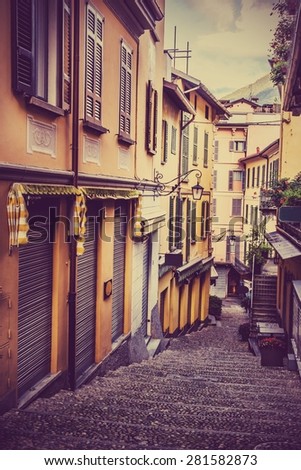 Narrow street in Bellagio. Lake Como. Northern Italy. European travel, vacation, summer, destination, exploration and lifestyle concept.
