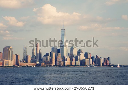MAnhattan, New York skyline. View from Hoboken, New Jersey. Travel, urban, living, life style and transportation concept. Vintage color post processed