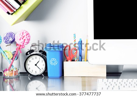 Modern work space in teen room. Interior design, back to school, furniture, technology, urban living, lifestyle  and education concept. Copy space