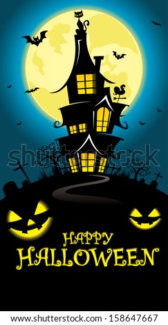 Halloween Theme Background - Creepy House at Full Moon in the Cliff