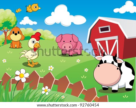 farm animals in the barnyard : cow, pig, chicken, dog, and cute birds.