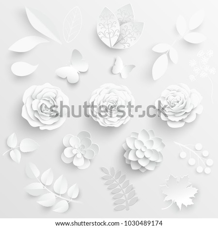 Paper flower. White roses cut from paper. Wedding decorations. Decorative bridal bouquet, isolated floral design elements. Greeting card template, blank floral wall decor. Background.