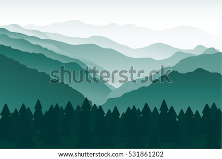 Blue and green mountains in the fog. Mountain landscape, hills, river and trees. Landscape with Mountain Peaks. The silhouettes of the mountains against the dawn. Vector illustration. Background