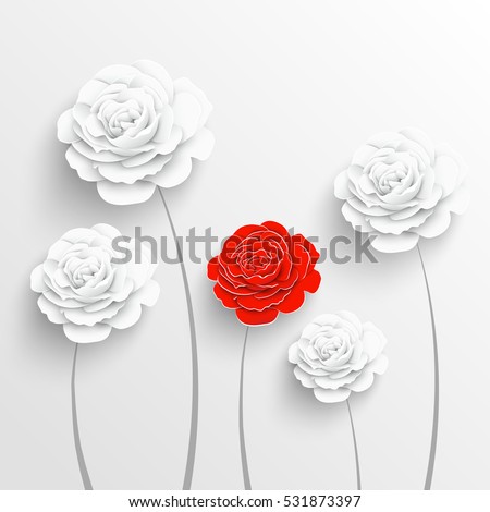 Paper flower. Rose cut out of paper. White and red roses. Vector illustration
