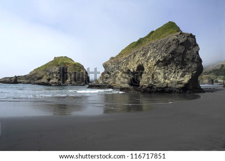 Sea stacks loom on the US west coast as the tide rolls in.