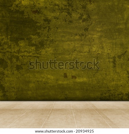 Dimensional Room With a Green Grunge Wall, and Tile Flooring.