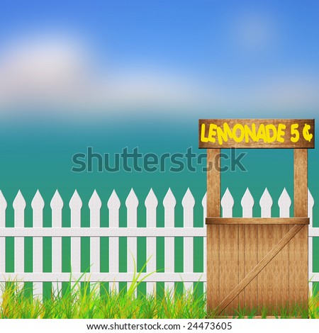 Spring or Summer Background of Lemonade Stand along a Picket Fence.