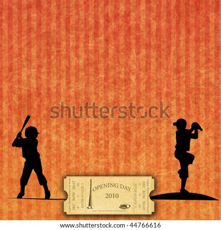Opening Season 2010 Ticket on Baseball Background, with silhouettes