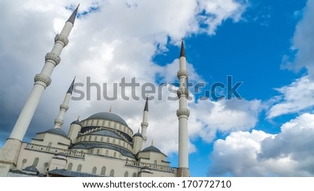 Minarets and Sky. A wide angle photo of Kocatepe Mosque in Ankara, Turkey.