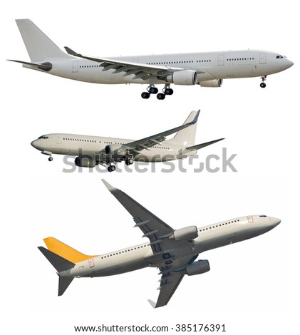 Passenger jet aircrafts cleaned from logos and isolated on white