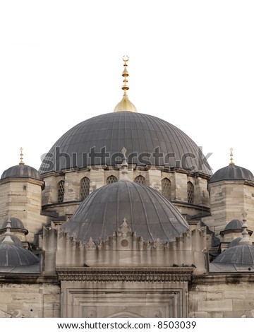 Dome of New Mosque in Istanbul Turkey, isolated on white, sky can be added by designer