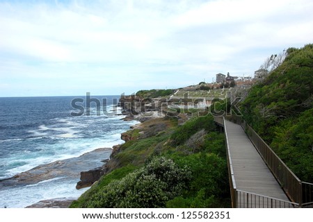 Bondi to Coogee coastal walk, Sydney, Australia. A cliff top coastal walk extends for 6 km in Sydney eastern suburbs. The walk features stunning views, beaches, parks, cliffs, bays and rock pools.