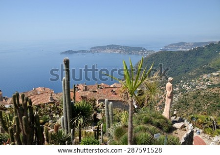 View from the top of the Eze garden on the village. Eze, renowned tourist site on the French Riviera, is famous worldwide for the view of the sea from its hill top and its beautiful women\' statues.