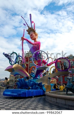 NICE, FRANCE - FEBRUARY 21: Carnival of Nice in French Riviera. This is the main winter event of the Riviera. 2012 theme is the King of Sport. Carnival queen composition. Nice, France - Feb 21, 2012
