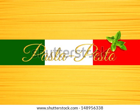 Abstract view of bunch of Italian spaghetti making a horizontal background with Italy flag/ribbon for text on top