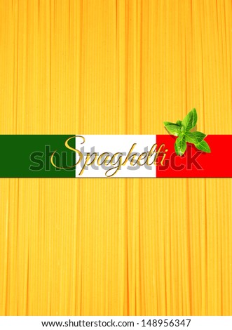 Abstract view of bunch of Italian spaghetti making a vertical background with Italy flag/ribbon for text on top