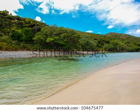 Beautiful Sandy Bay beach in New Zealand. Incredible orange sand and turquoise water