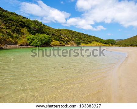 Beautiful Sandy Bay beach in New Zealand. Incredible orange sand and turquoise water