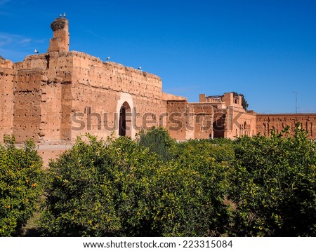 MARRAKESH, MOROCCO - JANUARY 1: ruins of Palace El Badiaa with unidentified people in the old town of Marrakesh on January 1, 2014 in Marrakesh. The old town is part of the UNESCO world heritage.