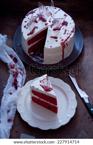 Red velvet cake decorated for Halloween, Bleeding Cake