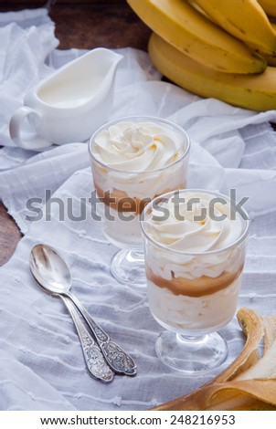 Delicious dessert with banana and caramel