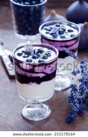 Blueberry dessert with lavender flowers