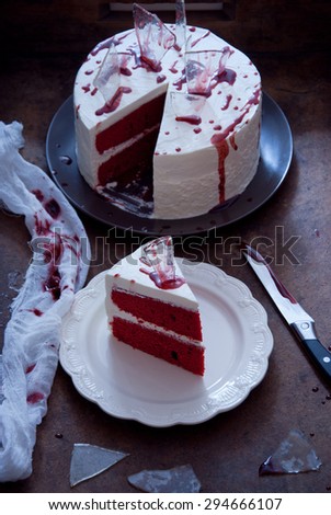 Red velvet cake decorated for Halloween, Bleeding Cake