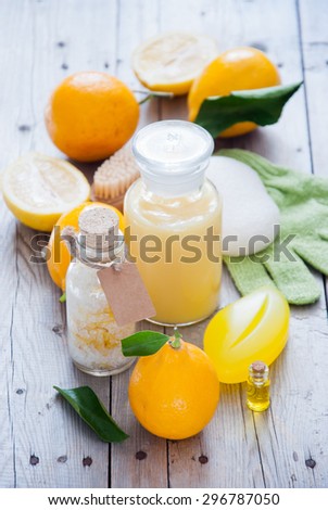 Wellness with Lemon, Lemon bath, Spa still life of organic soap, salt scrub,oil, Cosmetic cream, Shower gel and lemon