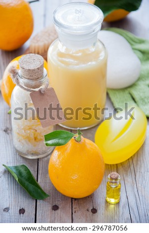 Wellness with Lemon, Lemon bath, Spa still life of organic soap, salt scrub,oil, Cosmetic cream, Shower gel and lemon