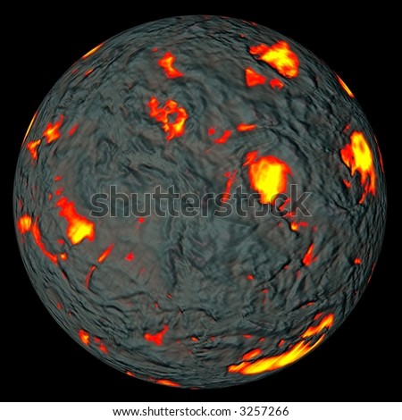 A ball/sphere of lava and rock on a black background.