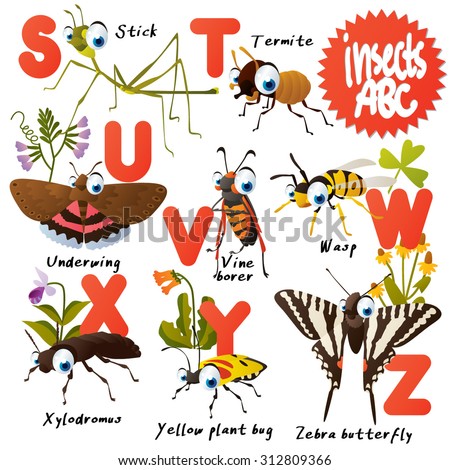 Cute vector animals ABC: Insects: stick, termite, underwing, vine borer, wasp, xylodromus, zebra butterfly