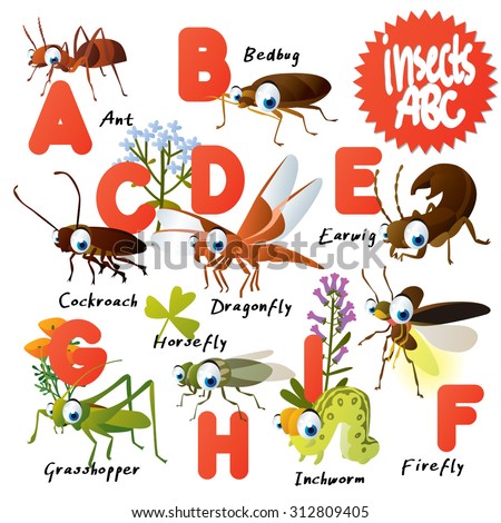 Cute vector animals ABC: Insects: ant, bedbug, earwig, cockroach, dragonfly, inchworm, horsefly, firefly, grasshopper