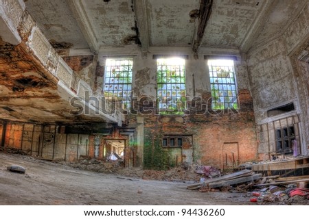 Abandoned and decaying auditorium inside the abandoned City Methodist Church in Gary, Indiana.
