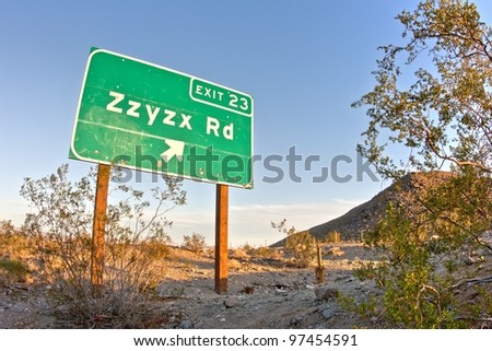 Zzyzx Road freeway sign along the Interstate 15 freeway near Baker, California