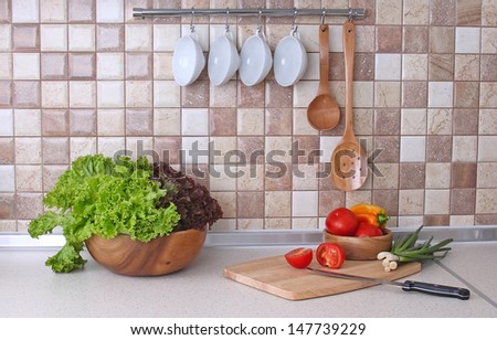 Modern kitchen at home with healthy food