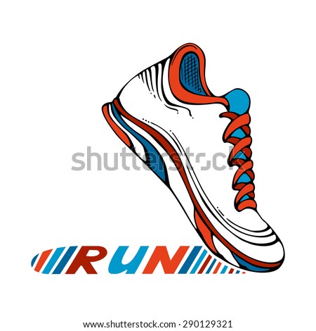 Running sport shoe symbol. Sport icon isolated on white background. Colourful text \