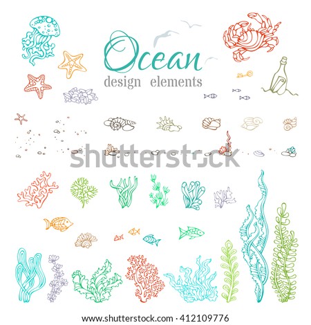 Vector set of underwater sea/ocean design elements. Various contours of shells, algae, fish, jellyfish, starfish, bottle with a letter, key, stones and bubbles isolated on white background.