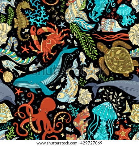 Vector seamless wild sea life pattern. Colorful octopus, whale, dolphin, turtle, fish, starfish, crab, shell, jellyfish, seahorse, algae on black background. Underwater ocean animals and plants.
