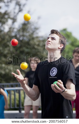 Warsaw, Poland - May 30: juggler taking part in the 18. Science Picnic , on may 30, 2014, in Warsaw, Poland
